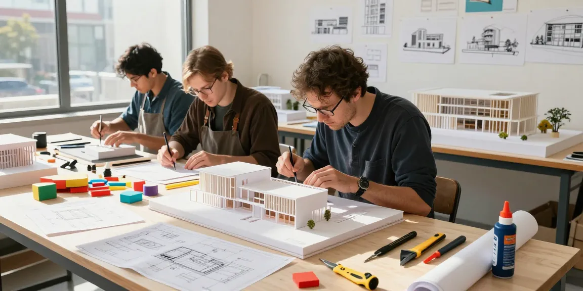 Präzise Architektur Modellbau Düsseldorf in einem kreativen Workshop mit Handwerkern bei der Arbeit.