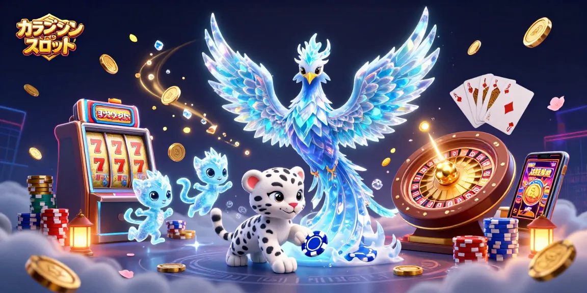 オンラインカジノ スロットをテーマにした氷のフェニックスと雪豹の子がカジノゲームを楽しむイラスト
