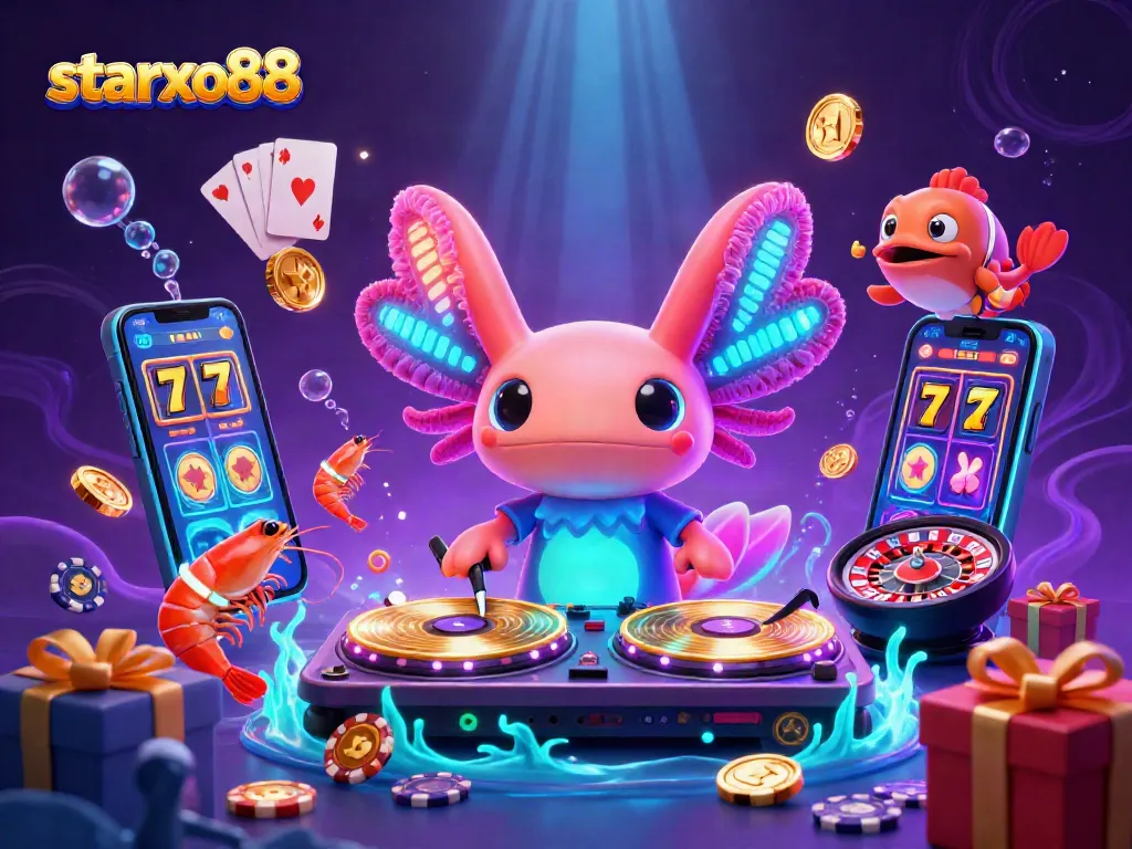 Engage with starxo88's vibrant gaming scene, showcasing spinning slot reels and animated characters.