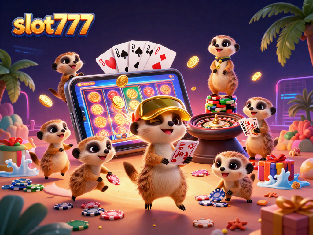 Experience the excitement with slot777 as meerkats manage their vibrant casino operation amidst cascading coins and dynamic games.