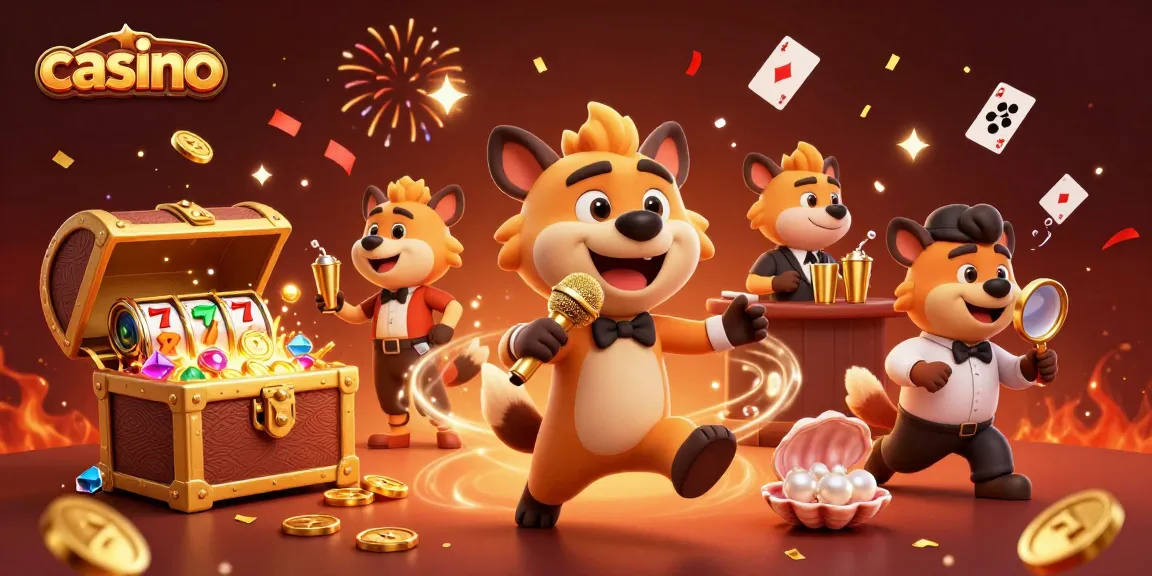 Experience the lively atmosphere of a casino with hyena comedians, gold coins, and sparkling decorations.