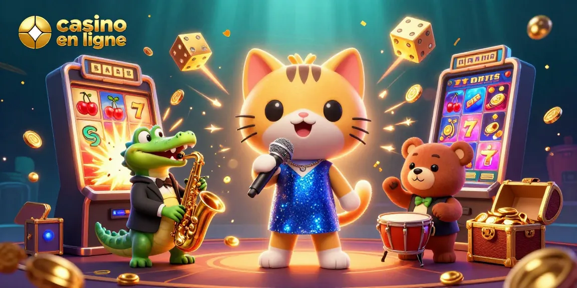 Visitez le casino en ligne avec notre illustration dynamique et colorée mettant en scène un chat chanteur jazz.