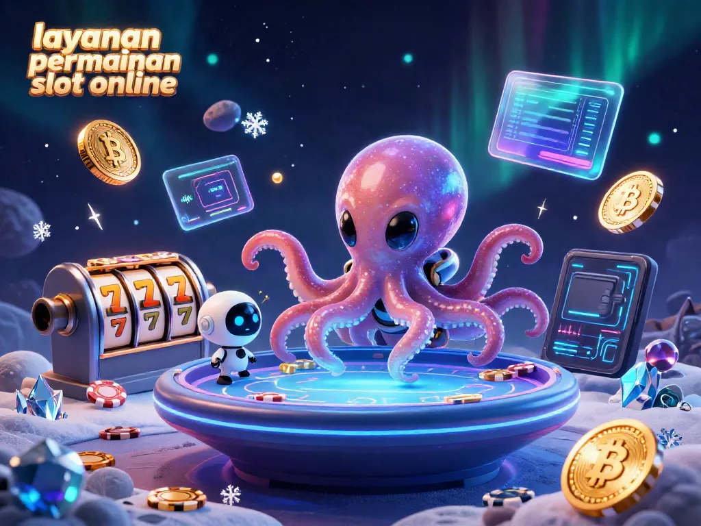Gambarkan layanan permainan slot online dengan alien tentakel, robot, dan chip poker yang berputar.