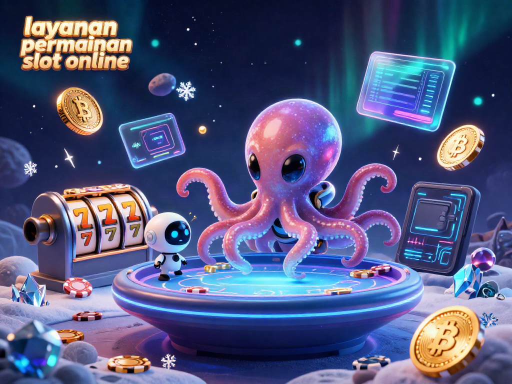 Gambarkan layanan permainan slot online dengan alien tentakel, robot, dan chip poker yang berputar.