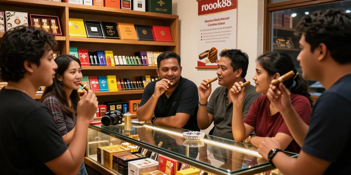 Excited friends enjoying rokok88 products in modern tobacco shop