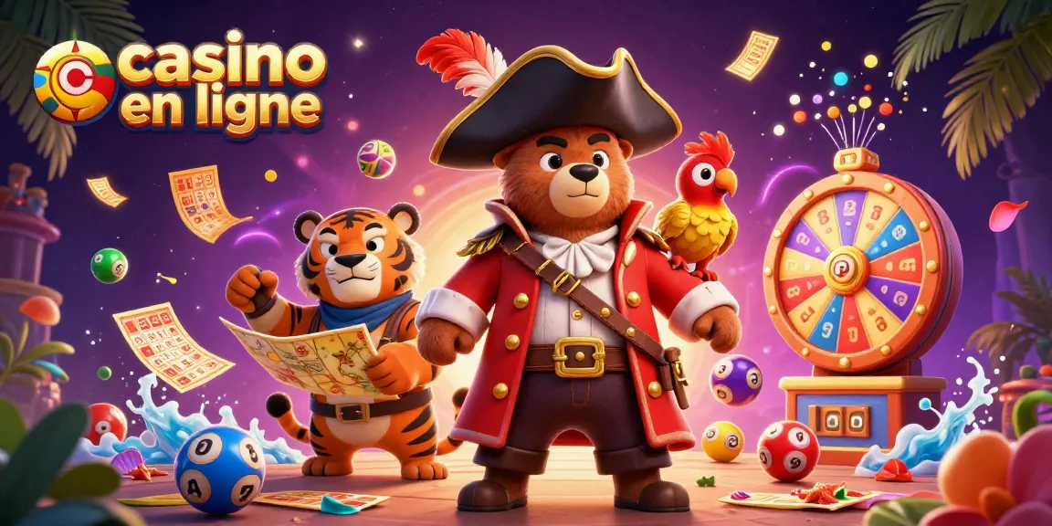 Des jeux de casino en ligne animés avec un ours pirate et un tigre, entourés de ballons colorés.