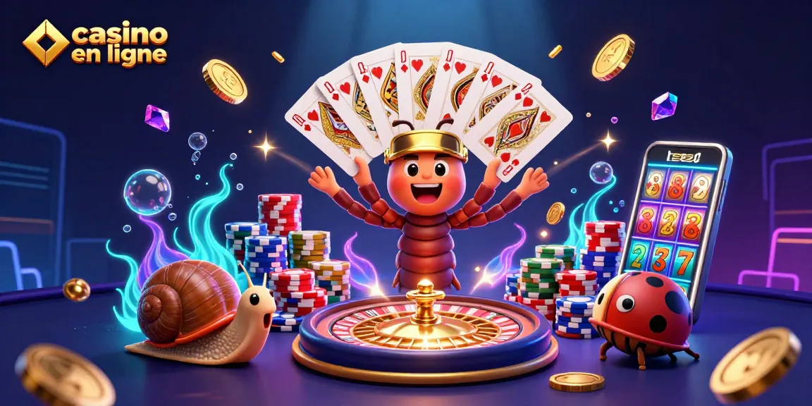 Image dynamique montrant un casino en ligne avec un croupier millipède, un escargot haut roulant et des jetons colorés.