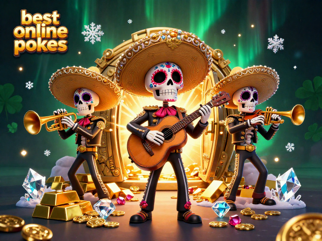 Experience the best online pokies with dynamic energy from a mariachi band amidst wealth and gems.