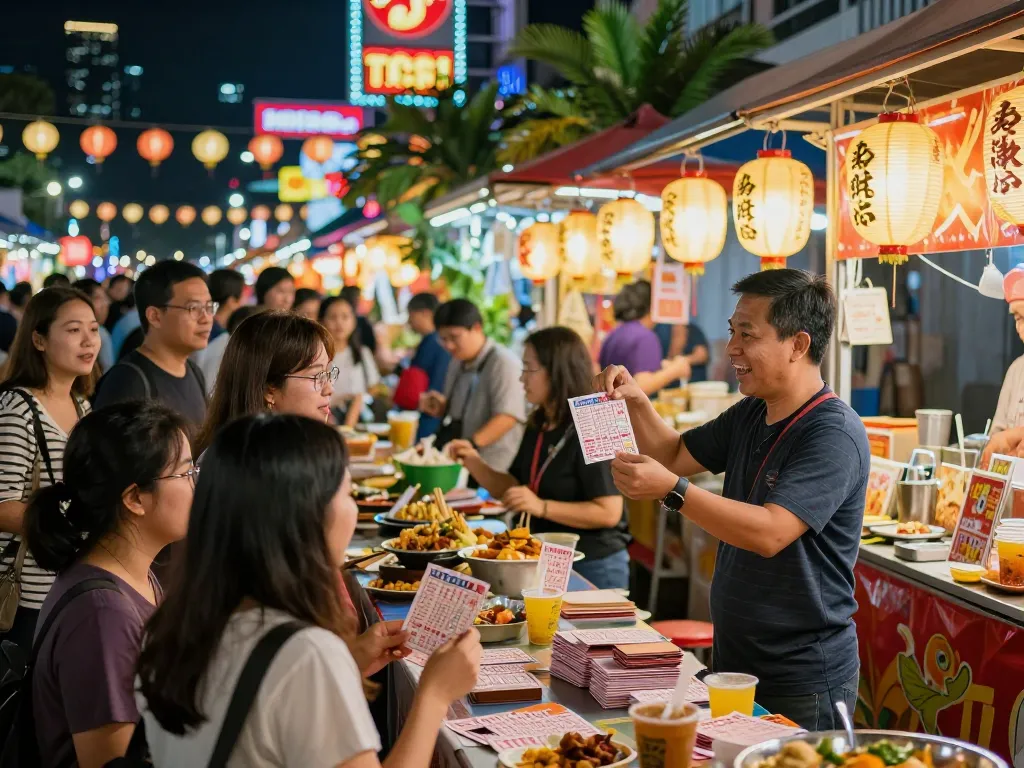 Exciting HK Lotto night market scene with vibrant stalls and enthusiastic players.