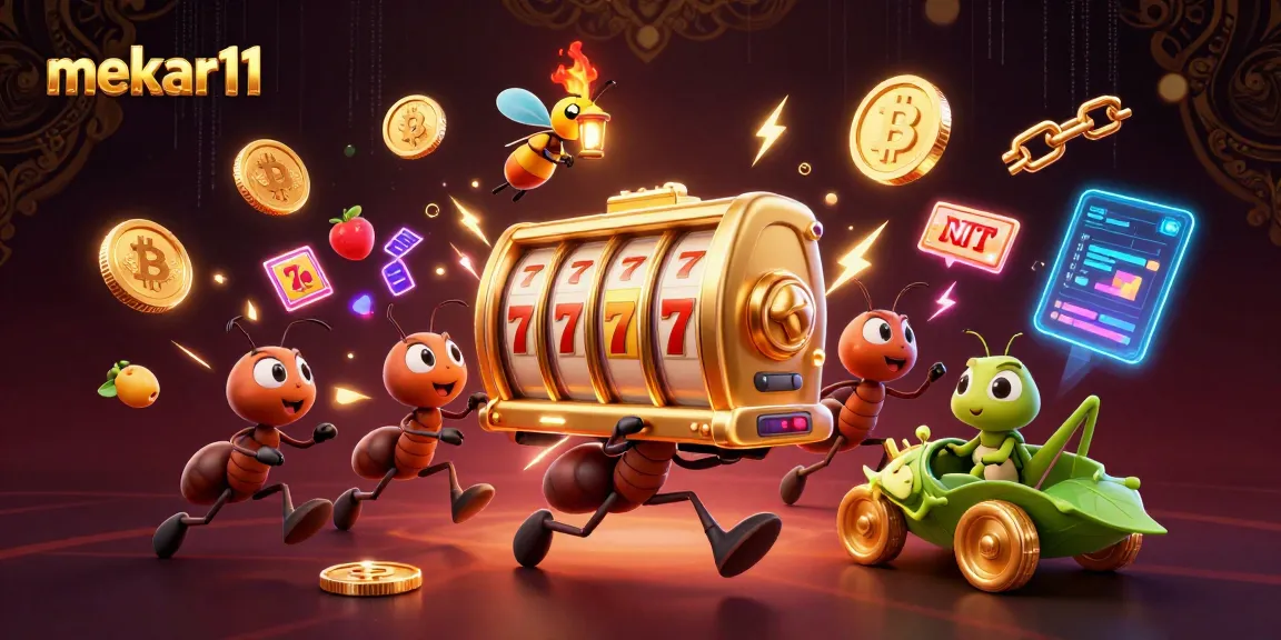 Mekar11 showcases a vibrant scene of ants orchestrating a slot machine heist under casino lights.