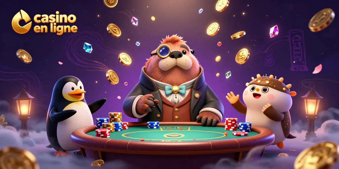 Vivez l'effervescence du casino en ligne avec une scène colorée de personnages animés autour d'une table de poker.