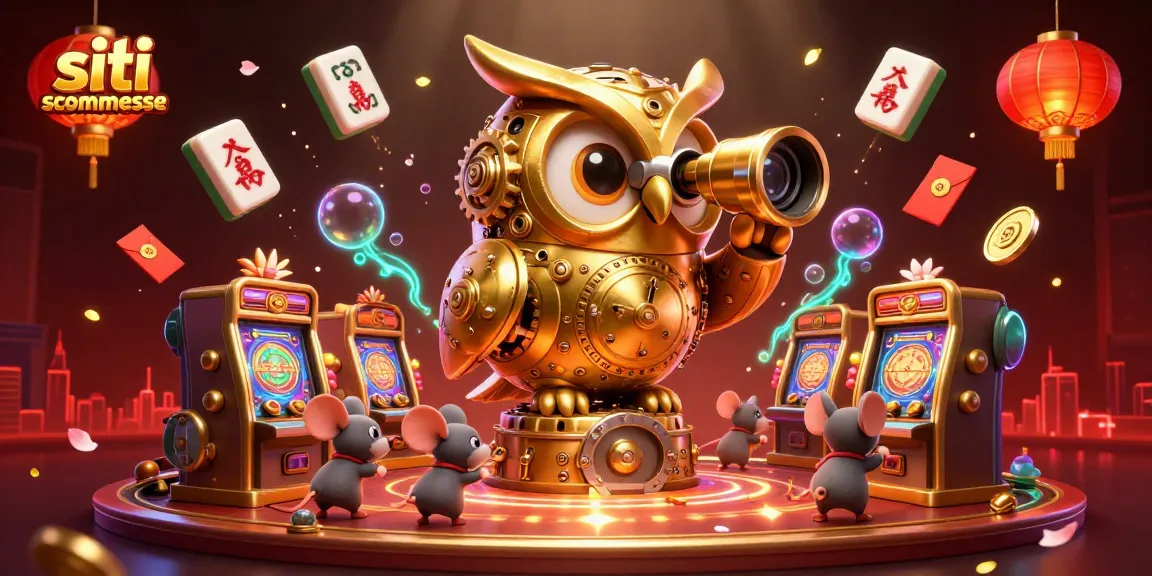 Scommettere nei migliori siti scommesse con il gufo dorato e topini tra le macchinette di gioco in un'illustrazione vivace.