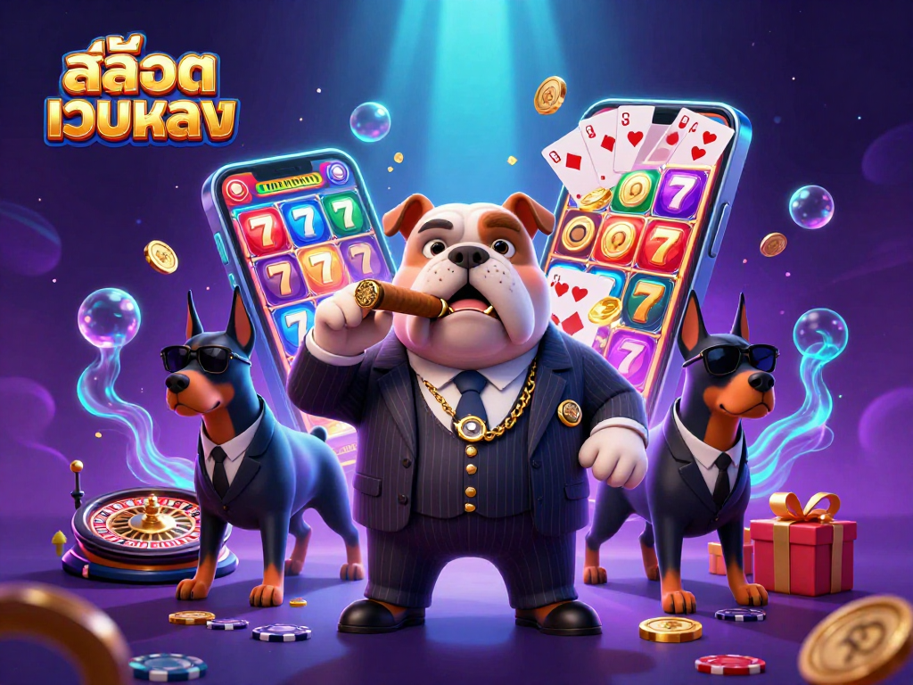 Play exciting slots with สล็อตเว็บตรง, featuring a vibrant 3D scene with mafia characters and casino elements.