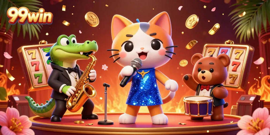 Join the excitement with 99win in a vibrant casino scene featuring lively characters and dynamic game elements.