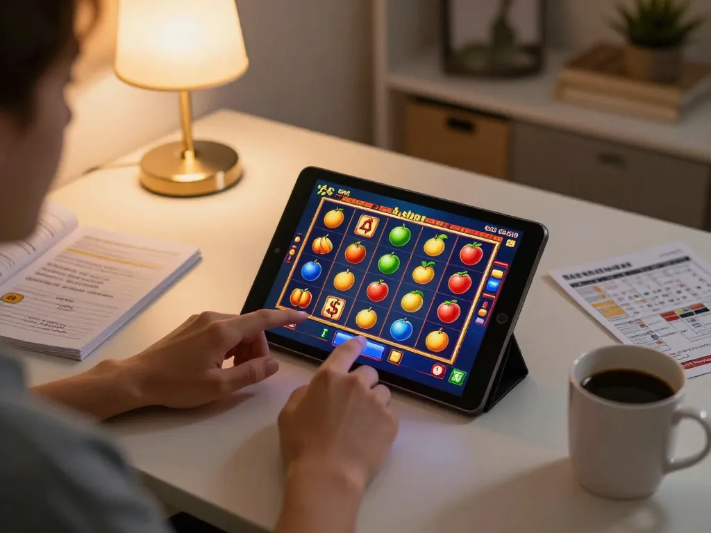 Players enjoy king slot gameplay on a tablet in a cozy home, illustrating an exciting online gambling experience.