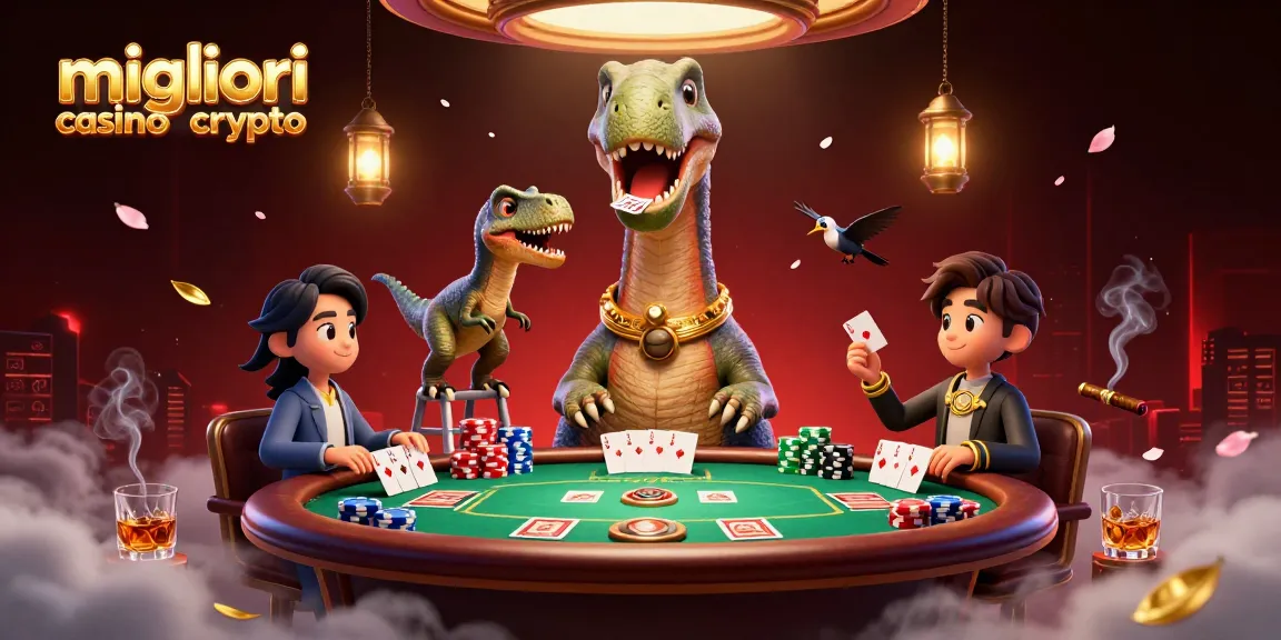Gioca nei migliori casino crypto con un brontosauro e un raptor che distribuiscono carte in un'illustrazione vivace