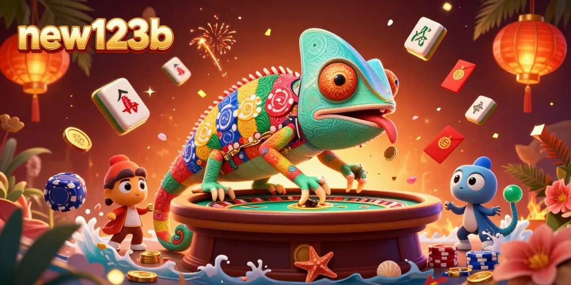 Experience thrilling gaming action at new123b with a colorful chameleon character and festive casino elements.