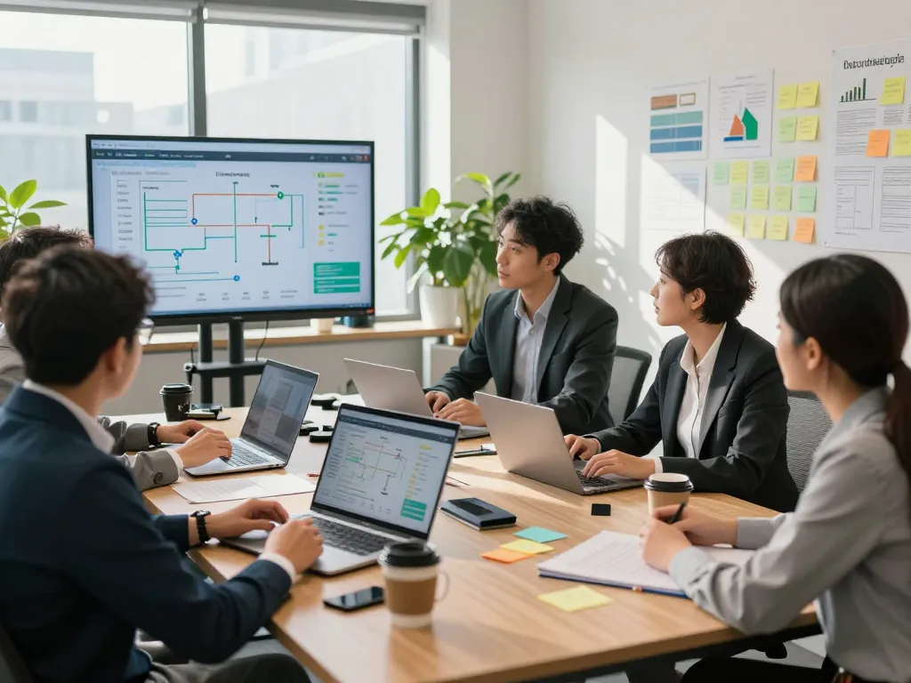 Team collaborating on matters for supply chains in a modern office.