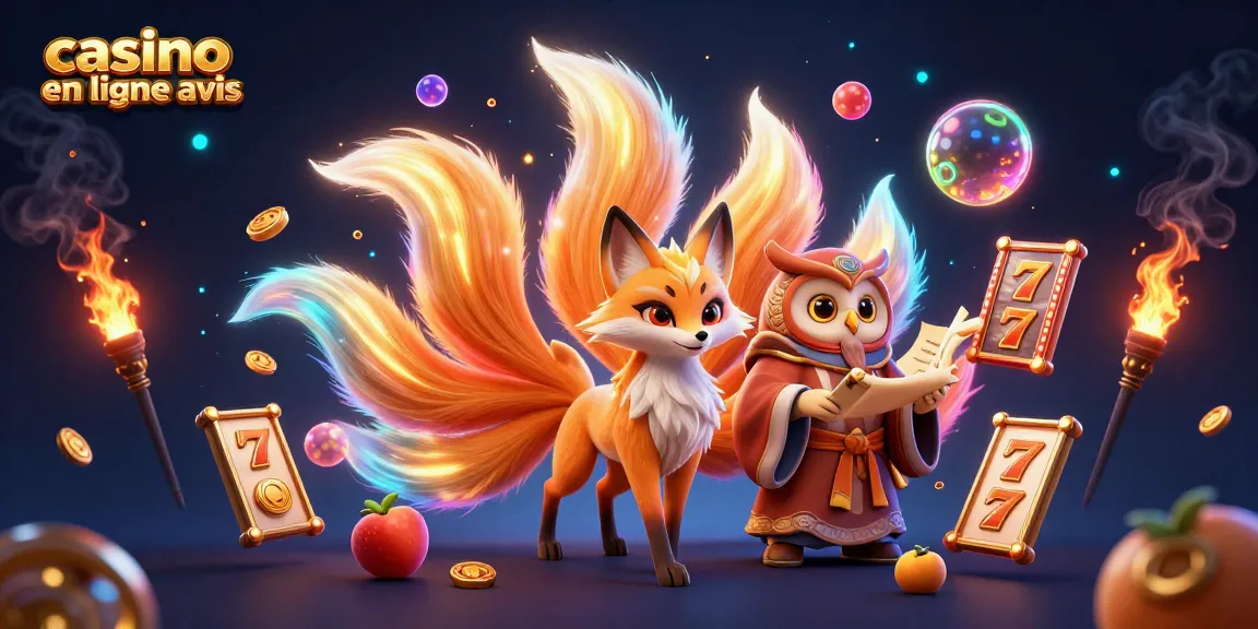 Casino en ligne avis avec un esprit à neuf queues et un hibou sage entouré de rouleaux à sous et de lumières scintillantes.