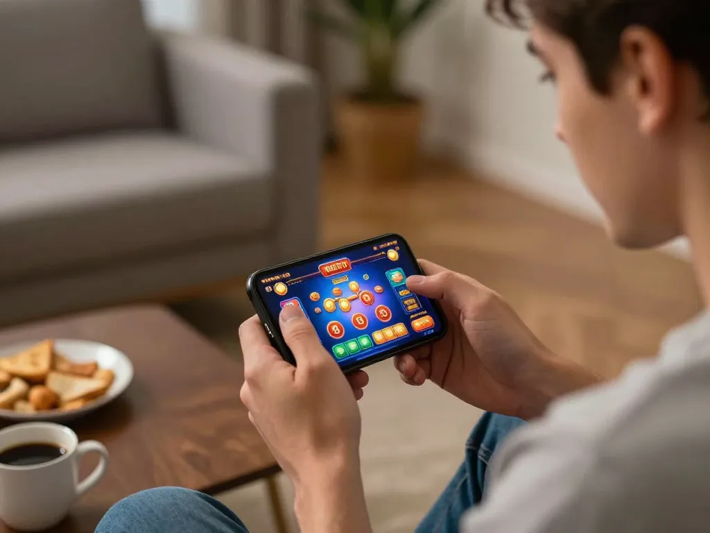 Mobile betting experience with smartphone displaying 包网 casino games in a cozy living room.