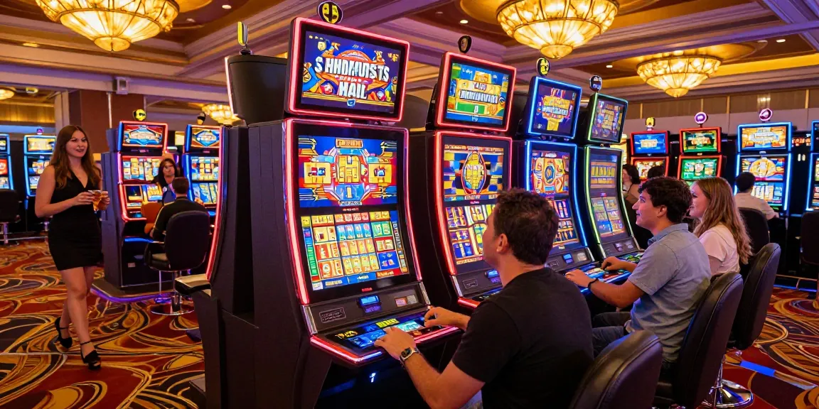 Excited players engaging with vibrant slot machines in a lively casino setting.