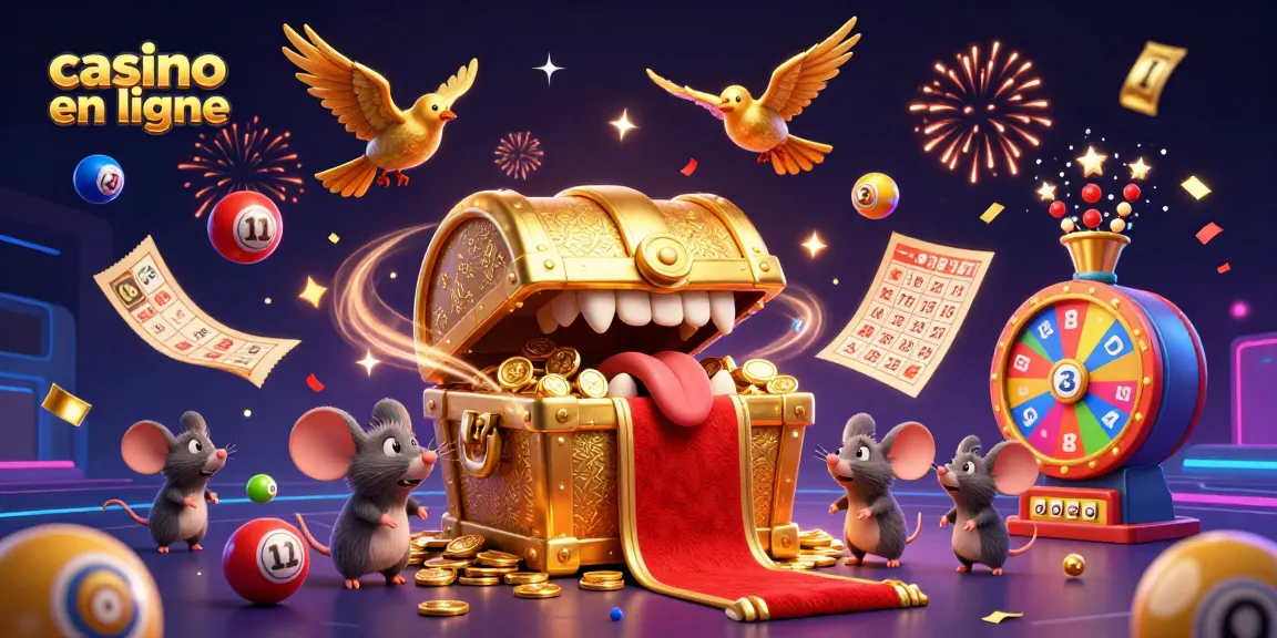 Illustration dynamique de casino en ligne attirant les joueurs avec des trésors dorés et des jeux de loterie.
