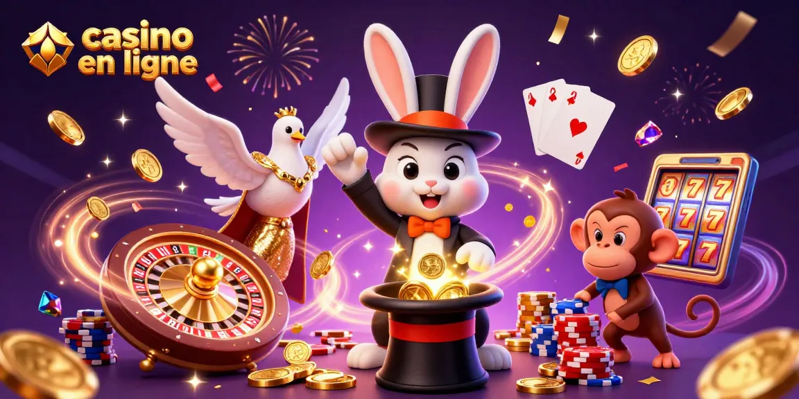 Animation captivante de casino en ligne avec un lapin magicien et un singe chapardeur dans un environnement fascinant.