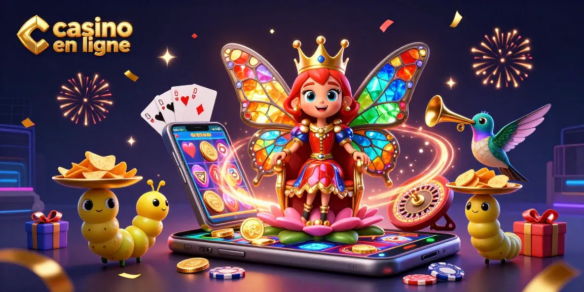 Jouez au casino en ligne avec une expérience vibrant grâce à la reine des papillons colorée et des jetons d'or.