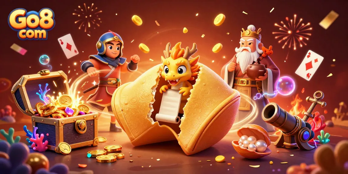 Experience Go8 com's dynamic gambling world with a vibrant illustration featuring a golden fortune cookie and treasure elements.