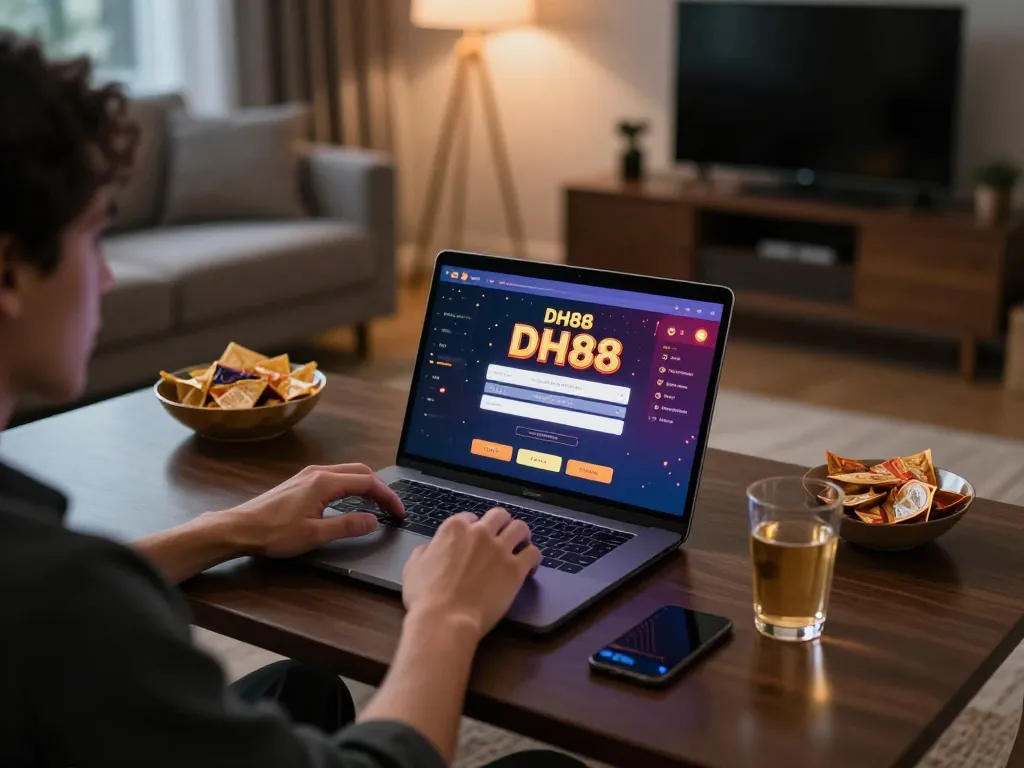 Logging in to DH88 casino from a cozy home setup with a laptop and evening ambiance.