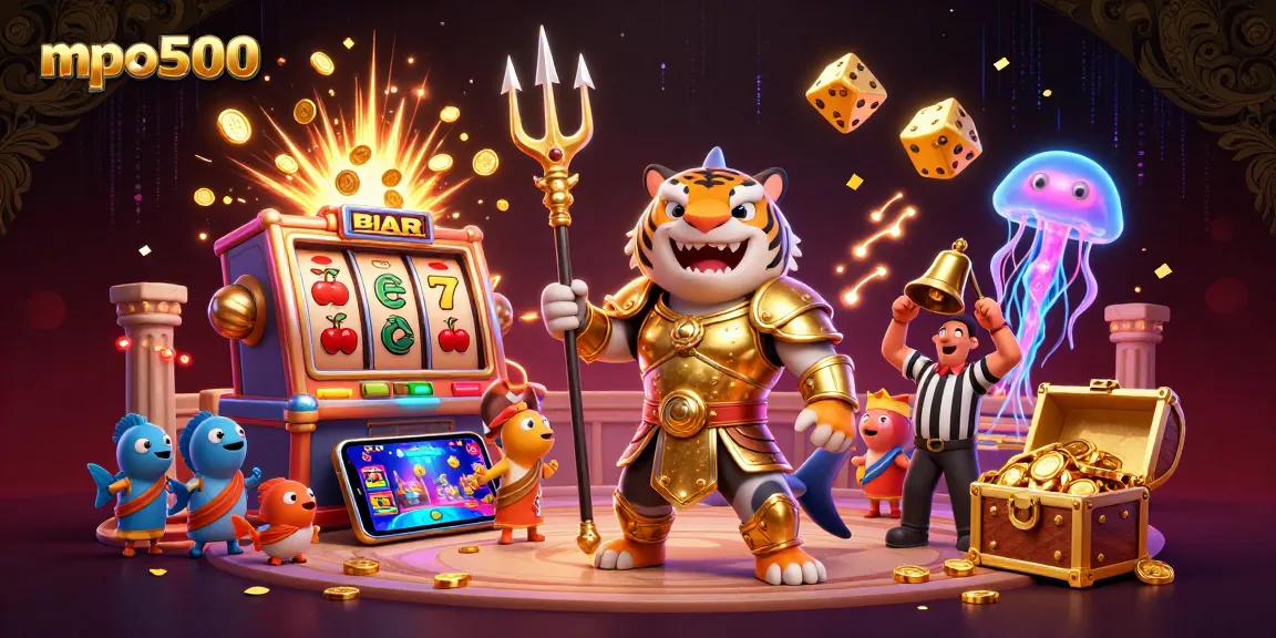Spin the reels at mpo500 with a thrilling 3D scene of a tiger shark and jackpot elements.