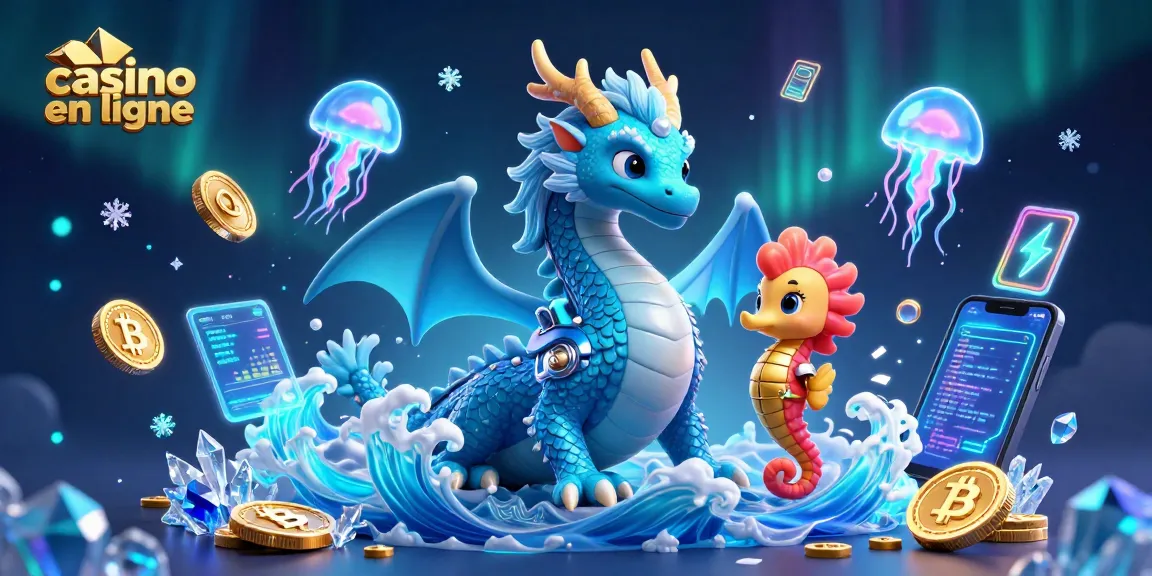 Découvrez l'univers du casino en ligne avec un dragon azur et des éléments de jeu interactifs.