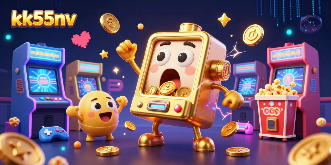 kk55nv slot machine hitting a jackpot surrounded by cheering mini machines and colorful games