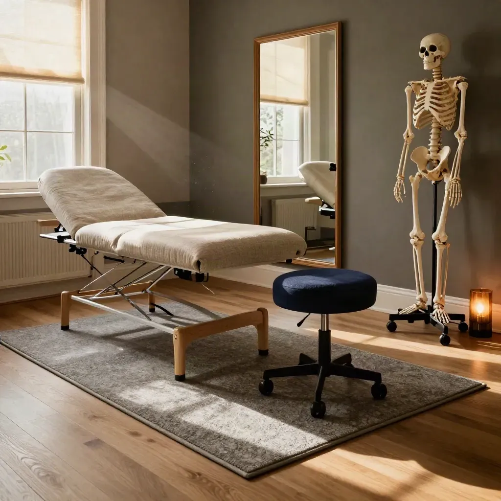 Warm osteopathy consult room with couch, mirror, skeleton model, stool, and mat in daylight.