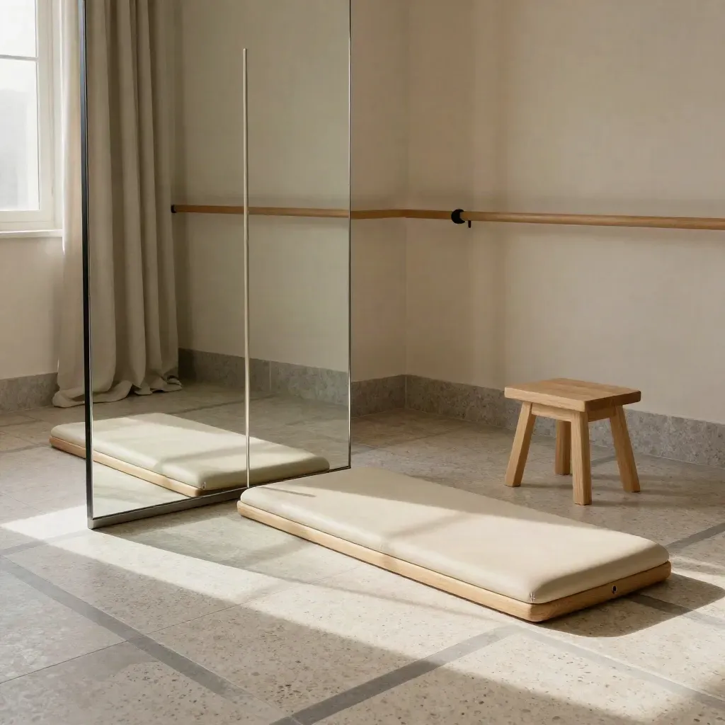 Mirror, alignment pole, balance pad, and stool in a quiet posture-assessment corner