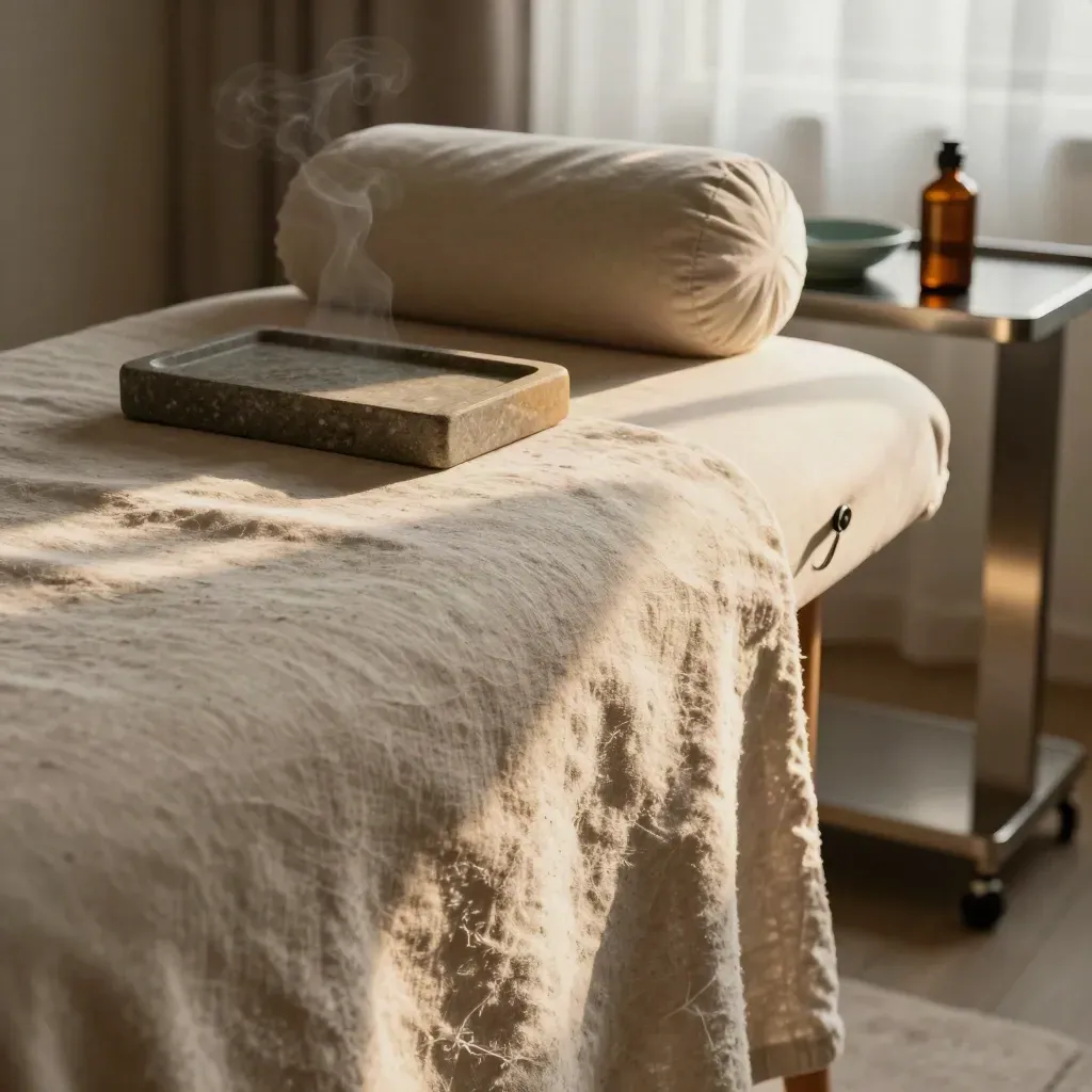 Treatment couch with stone tray, bolster, amber oil bottle, and soft steam in a calm clinic room.