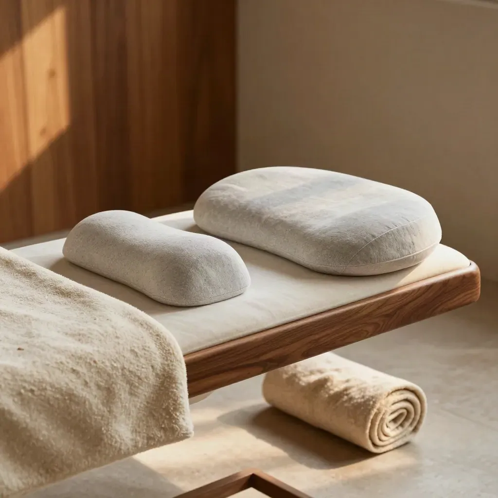 Lower-back care setup on a treatment bench with bolster, heat pack, and rolled blanket