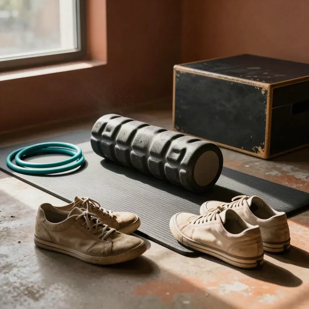 Worn trainers and rehab gear staged by a plyo box in a sunlit clinic gym corner.