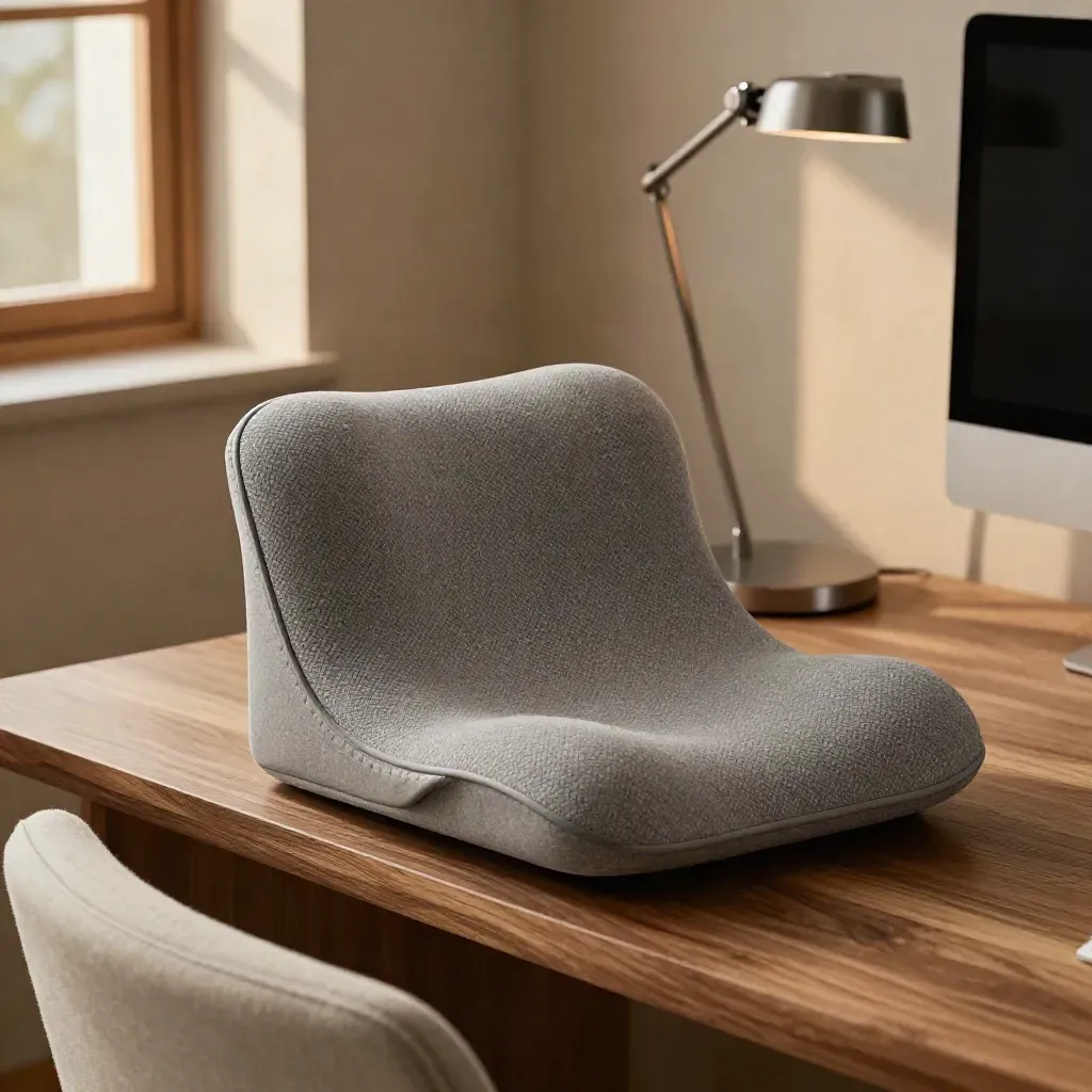 Ergonomic desk corner with chair, neck cushion, monitor and lamp in warm evening light.