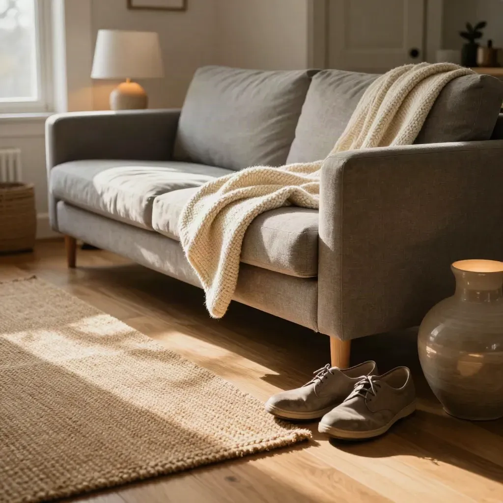 Empty cozy lounge nook with sofa, lumbar wedge, throw and walking shoes by the hall mat