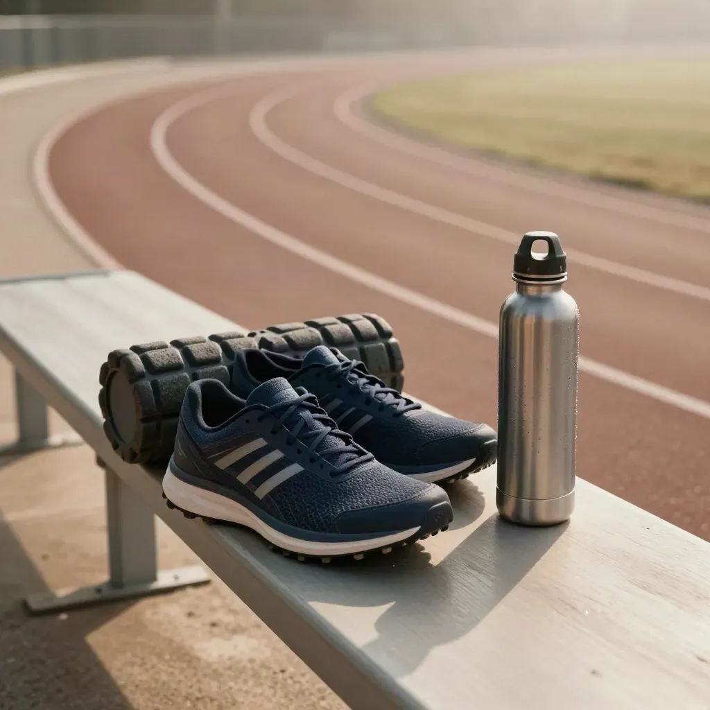 Road shoes, foam roller, band and bottle on a bench by a misty track