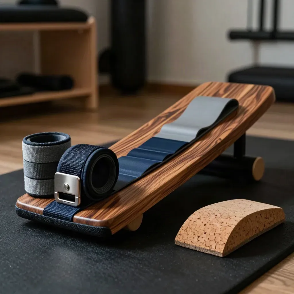 Balance board, resistance bands, ankle weight and cork wedge on a gym mat in dramatic light.