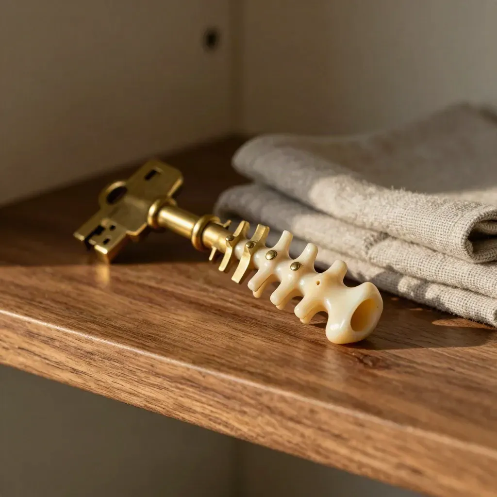 Brass spine model, vertebra segment and linen towel on walnut shelving