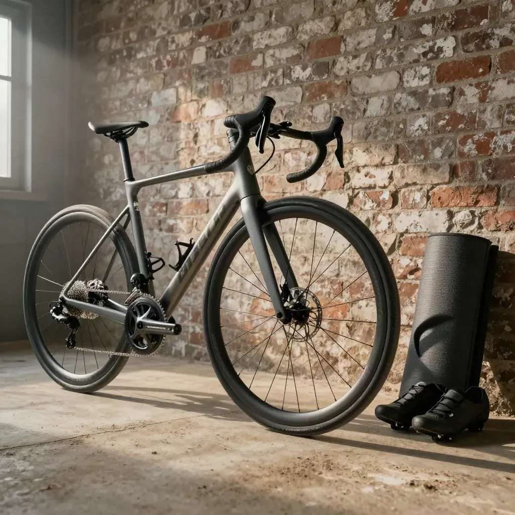 Tuned road bike, helmet, shoes and recovery mat by a brick wall in dramatic garage light