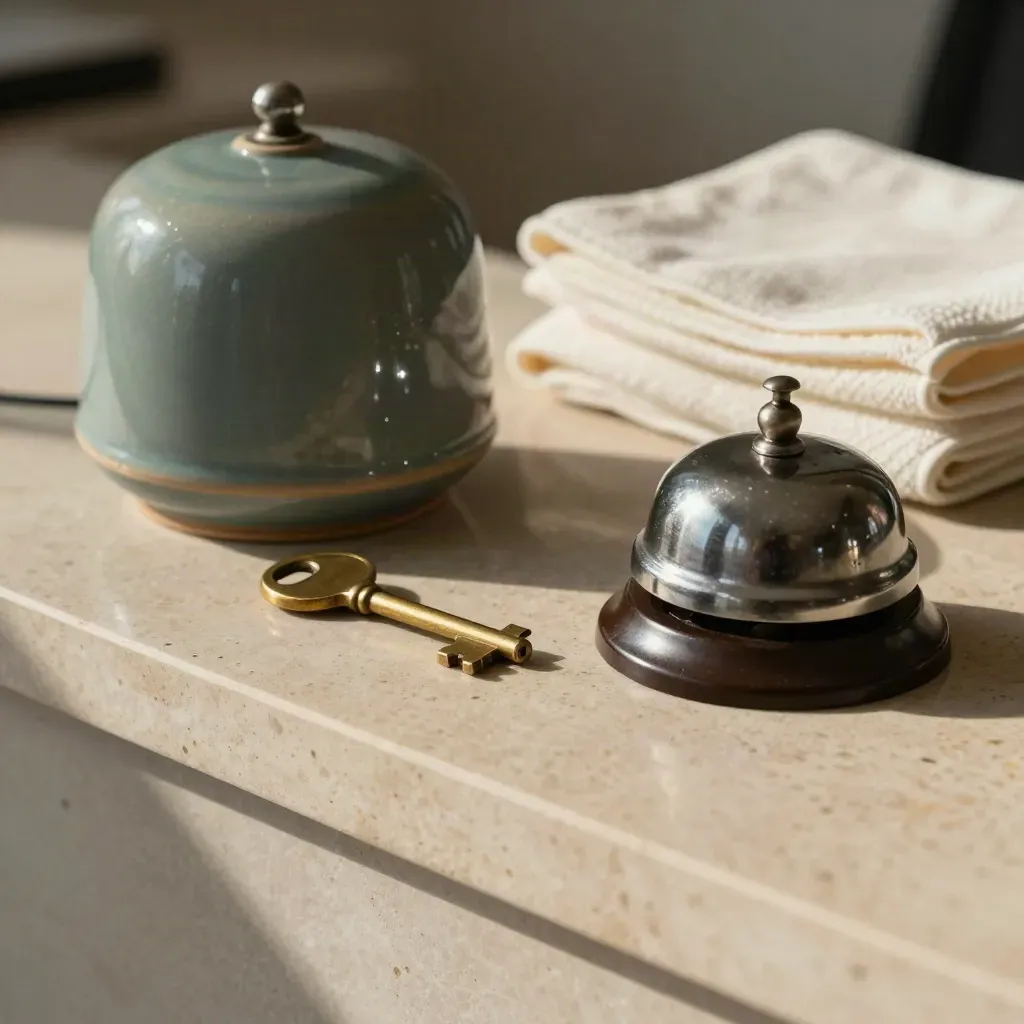 Ceramic diffuser, brass key, folded towels and reception bell on pale stone