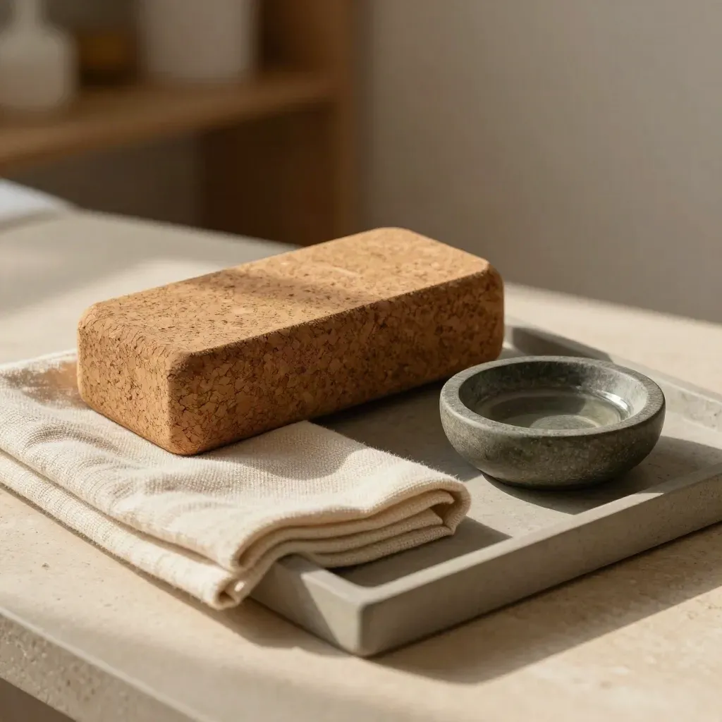Tray still life with cork massage block, linen cloth, and stone oil dish