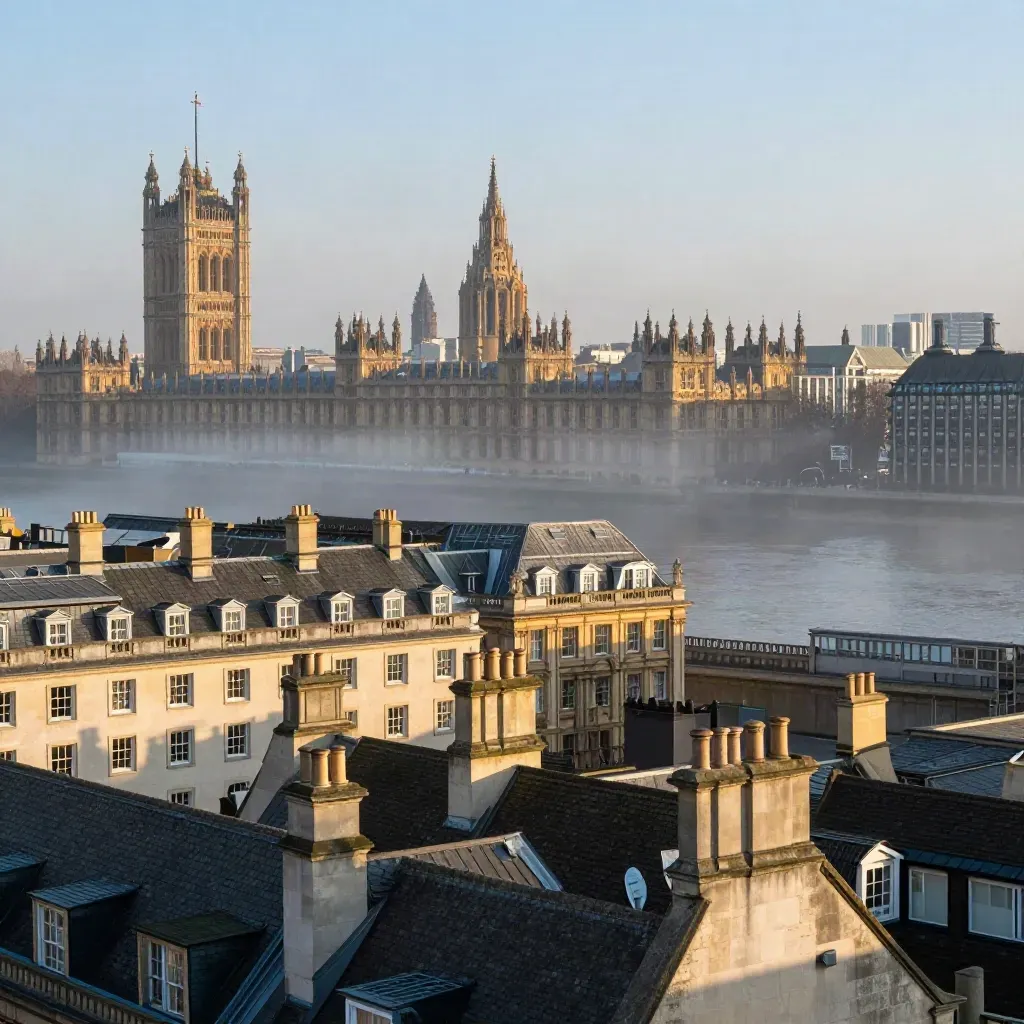 Westminster rooftops and Abbey tower above the Thames in golden sunrise haze