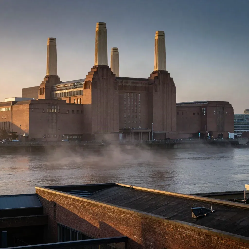 Battersea Power Station above a misty riverside skyline at warm evening light.