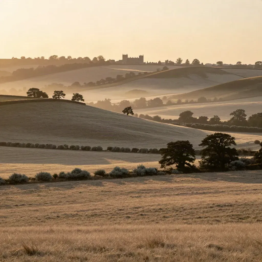 Golden Surrey Hills with chalk grassland, hedges, mist, and a tiny manor roofline