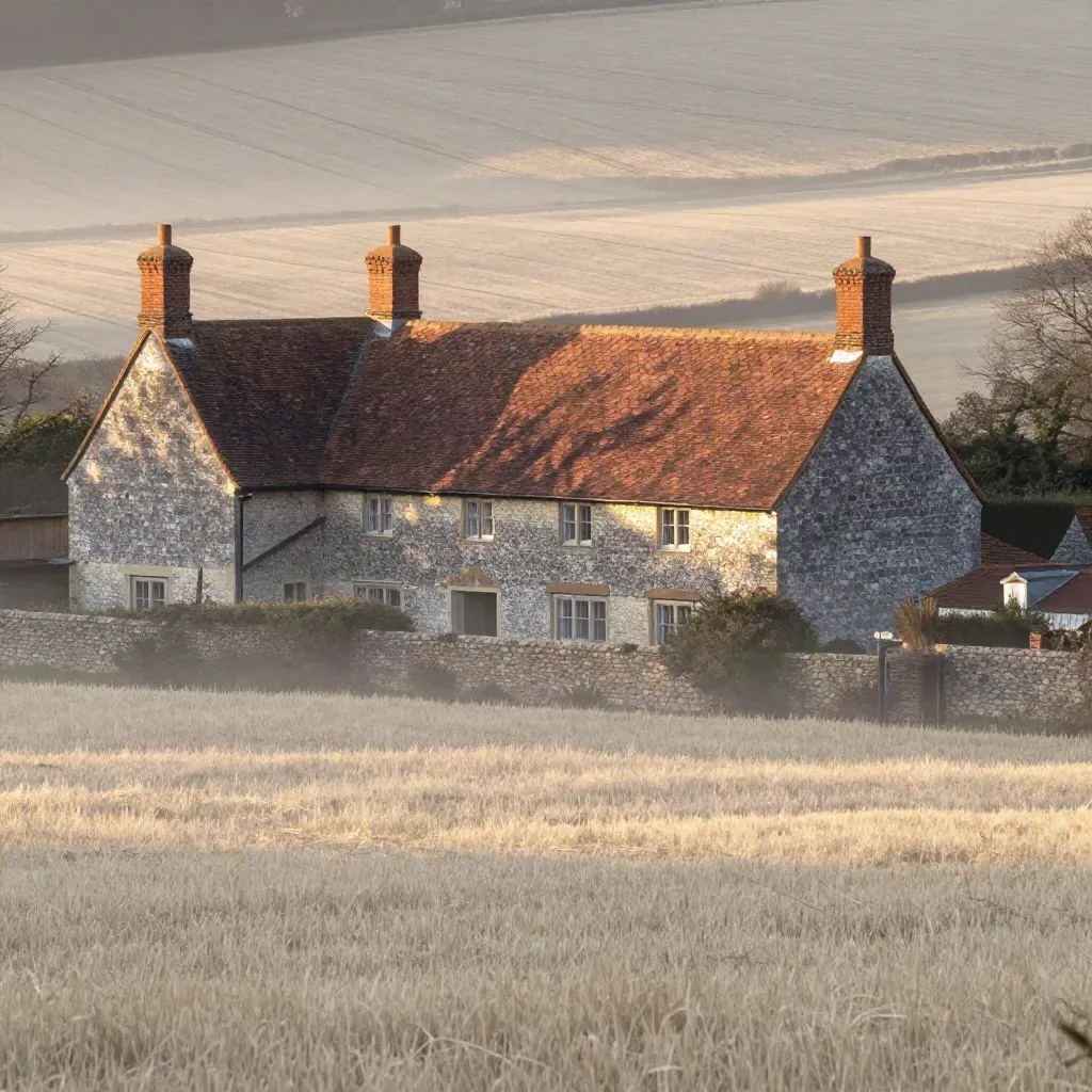 Kent oast-house roofs above misty hop fields in warm morning light